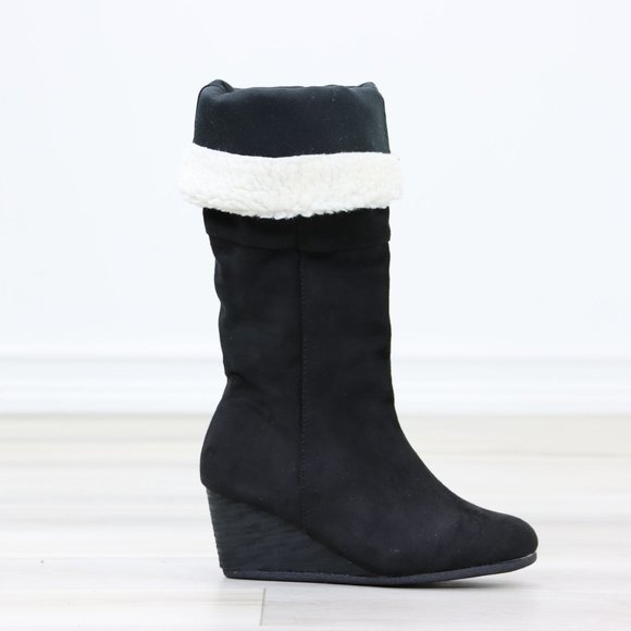 Sherpa Fold Over Black Below The Knee Wedge Heeled Boots Faux Suede - Picture 12 of 12